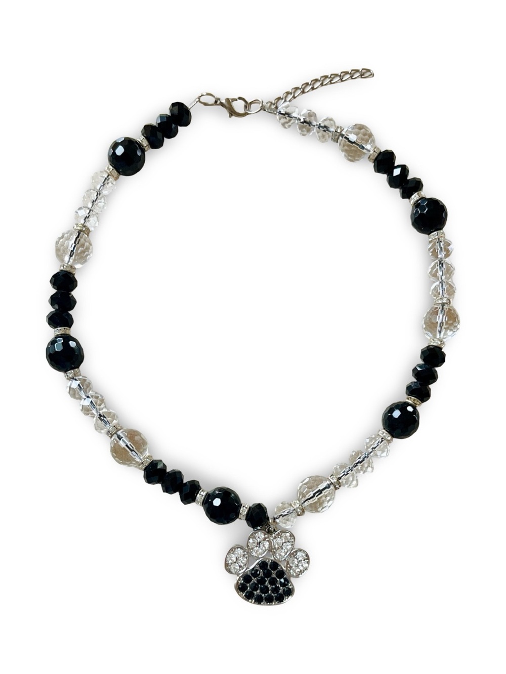 Rhinestone Paw Print Beaded Necklace Black Clear Crystal 18"-20"